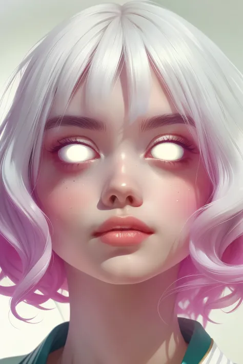 (This is a beautiful fantasy image that feels interesting.) Generate a pretty magical (((blind))) woman with colorful curly hair and milky white eyes. Her face is important should be perfectly formed with puffy lips and perfect features. (Her eyes are impo...