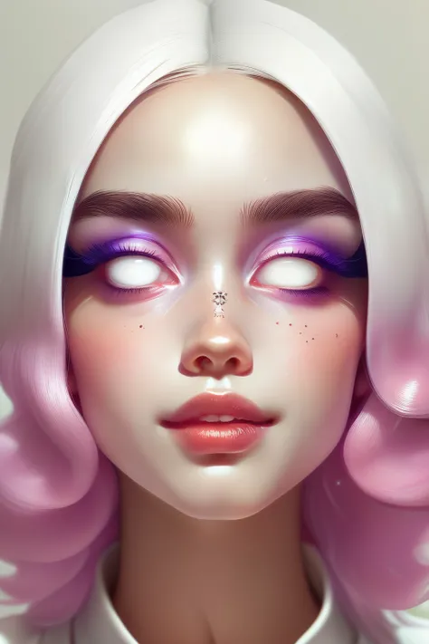 (This is a beautiful fantasy image that feels interesting.) Generate a pretty magical (((blind))) woman with colorful curly hair and milky white eyes. Her face is important should be perfectly formed with puffy lips and perfect features. (Her eyes are impo...