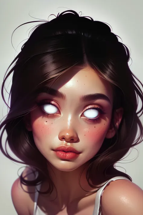 (This is a beautiful fantasy image that feels interesting.) Generate a pretty magical (((blind))) woman with colorful curly hair and milky white eyes. Her face is important should be perfectly formed with puffy lips and perfect features. (Her eyes are impo...