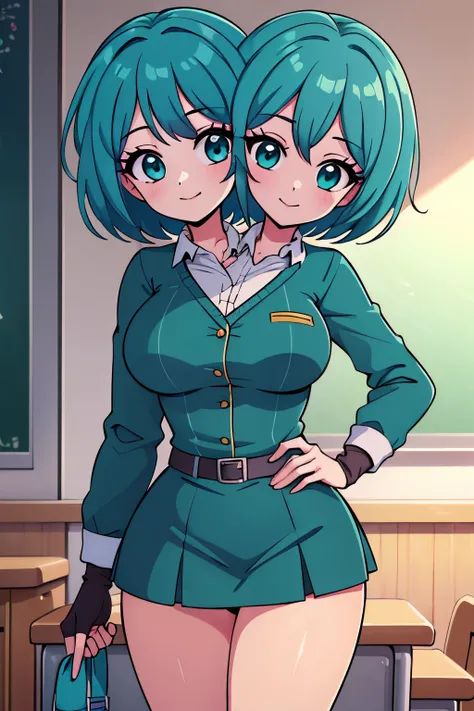 (masterpiece),(ultra-detailed), (high quality), (high resolution), (best quality:1.5, highres, UHD), highres, absurdo, ultra detail, ultra quality, Ultra resolution, 16k, ((2heads:1.5)), 1girl, ((anime girl with two heads)), ((teal hair)) turquoise blouse ...