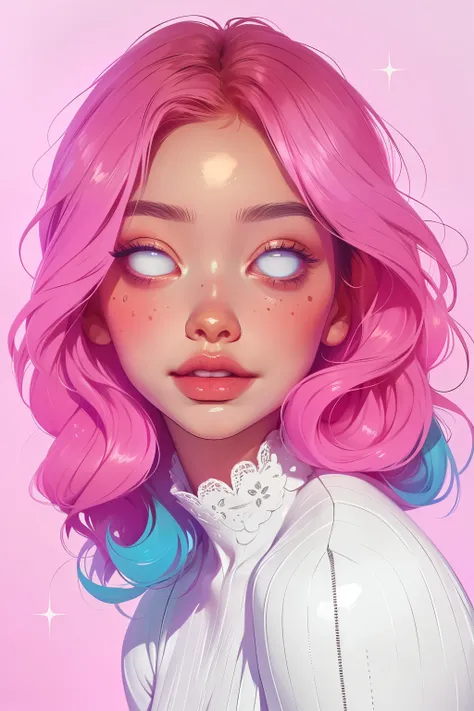 (This is a beautiful fantasy image that feels interesting.) Generate a pretty magical (((blind))) woman with colorful curly hair and milky white eyes. Her face is important should be perfectly formed with puffy lips and perfect features. (Her eyes are impo...