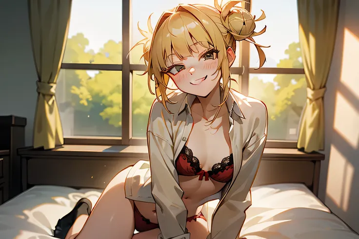 masterpiece, highest quality, highest quality, Super detailed, alone, Detailed face, Very detailed face, Perfect lighting, Highly detailed CG, (Perfect hands, Perfect Anatomy),  Himiko toga, View your viewers, Turn around, Blonde, Smiling with teeth showin...