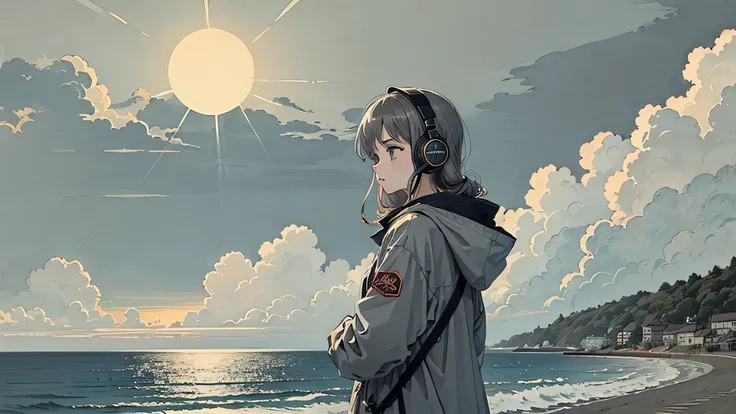 1 girl, 90s anime style, masterpiece、highest quality、Movie Steel　Southern　((Winter cold))　background　　Calm sea　Breakwater　Tranquility　Looking into the distance　Cloudy　cloudy　Sad　（By boat　Seaside Road）　　((gray　cloudy　cloud　Ephemeral　dark, 薄dark, cloudy　clou...