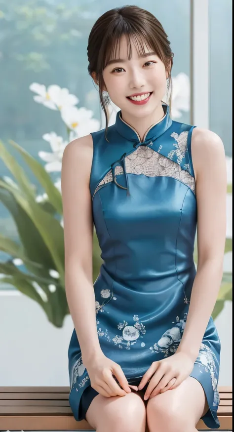 (Tabletop:1.0),(Tabletop:1.0), (highest quality:1.4), (High resolution:1.2), (Realistic:1.4),(From below:1.5), (8k, RAW Photos:1.2), (Soft Focus:1.4),break,A girl wearing a lace-patterned mini Chinese dress is sitting on a bench and smiling while taking a ...