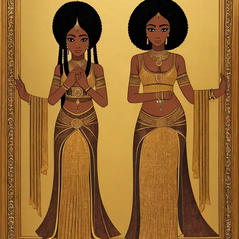 black woman goddess egiptian black dress golden  hair braids cat anhk