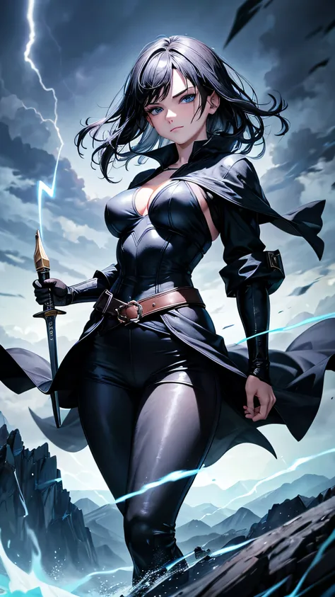 1girl, highly detailed, masterpiece, best quality, correct hands, short black hair, blue eyes, black robes, black pants, blue shirt, black vest, medium breasts, defined curves, smug look, satisfied look, mountain background, storm, lightning, holding a swo...