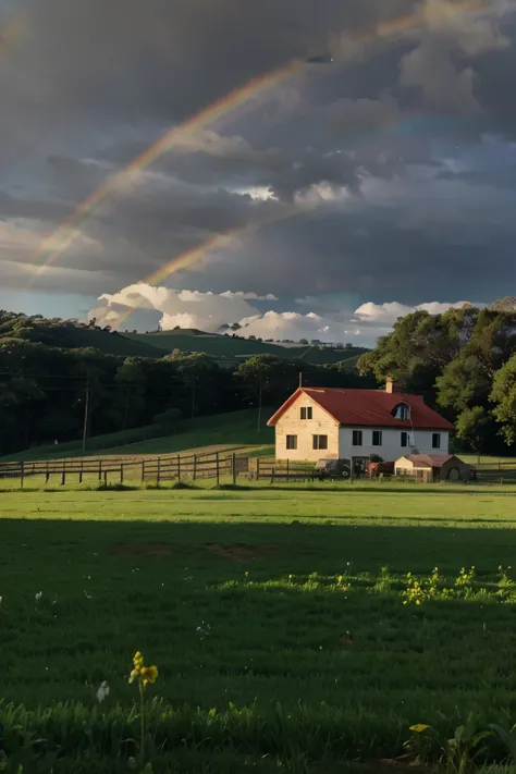 farm house with beautiful rainbow in the background, no final da tarde