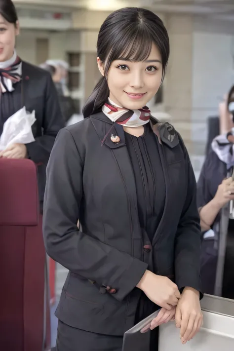 (masterpiece:1.2、highest quality:1.2)、32K HDR、High resolution、(alone、1 girl、Slim figure)、（A realistic style wearing the JAL cabincrew uniform）、 (At the airport counter, Professional Lighting)、A proper woman, Beautiful Face,、（Black JAL cabincrew uniform）、（L...