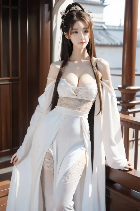 Beautiful woman with perfect body：1.4，Layered Hairstyle，Prominent cleavage，Highly detailed face and skin textures，Double eyelids，Skin Whitening，Long hair，Whitened long legs，Long hair，（Low-cut Hanfu）Stand on the balcony