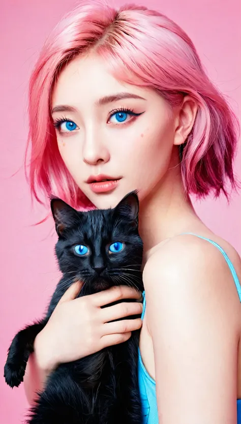 Girl with cat, Black Cat, Pink Hair，Blue Eyes, avatar