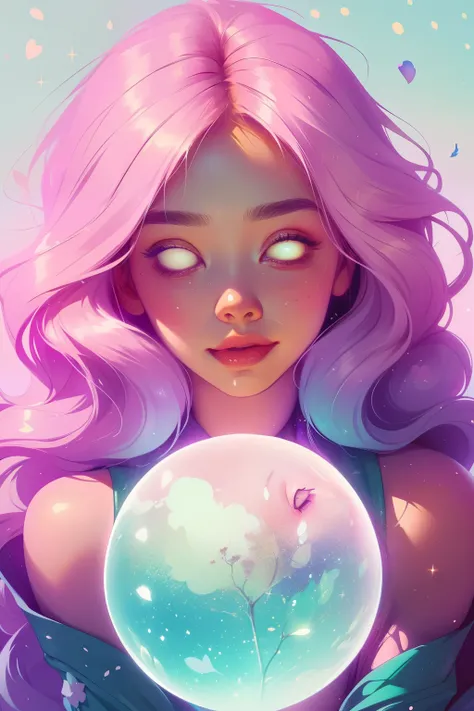 (This is a beautiful fantasy image that feels interesting and emphasizes glitter and iridescence.) Generate a ((blind)) curvy woman with colorful curly hair and milky white eyes. Her face is important and is perfectly formed with puffy lips and perfect fea...