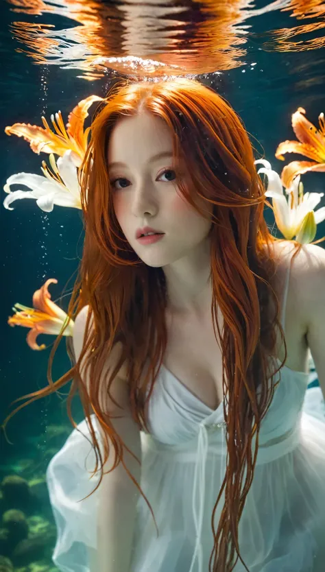 girl underwater, very long flowing red hair, Angel Wings, Orange and white lilies