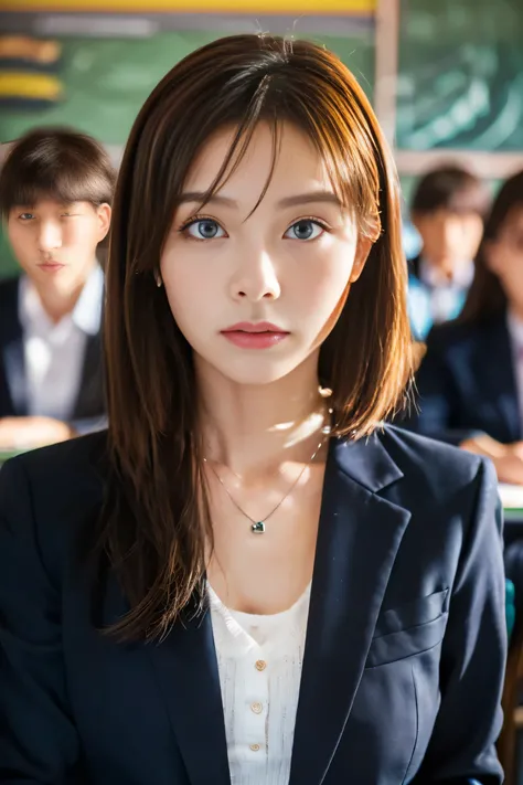 (18 year old female teacher:1.5)、(Teaching in a classroom:1.5), (Teaching something to students:1.2)、(Angry with a fierce face:1.5)、(The best quality at its best:1.4), (Super detailed), (Very detailed CG unified 16k), Beautiful woman with perfect figure: 1...