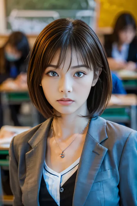 (18 year old female teacher:1.5)、(Teaching in a classroom:1.5), (Teaching something to students:1.2)、(Angry with a fierce face:1.5)、(The best quality at its best:1.4), (Super detailed), (Very detailed CG unified 16k), Beautiful woman with perfect figure: 1...