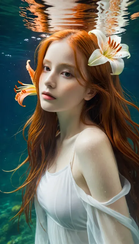 girl underwater, very long flowing red hair, Angel Wings, Orange and white lilies