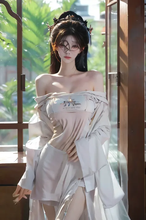 Beautiful woman with perfect body：1.4，Layered Hairstyle，Prominent cleavage，Highly detailed face and skin textures，Double eyelids，Skin Whitening，Long hair，Whitened long legs，（Low-cut Hanfu）standing in living room