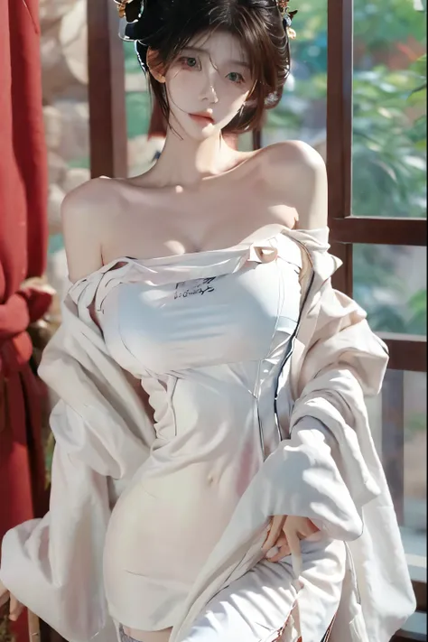 Beautiful woman with perfect body：1.4，Layered Hairstyle，Prominent cleavage，Highly detailed face and skin textures，Double eyelids，Skin Whitening，Long hair，Whitened long legs，（Low-cut Hanfu）standing in living room