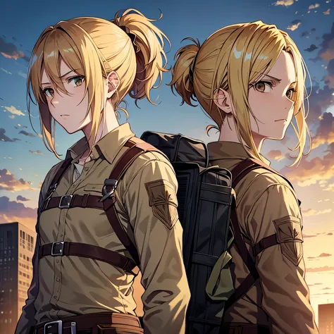 Attack On Titan style, blonde hair, dark brown eyes, hair in ponytail