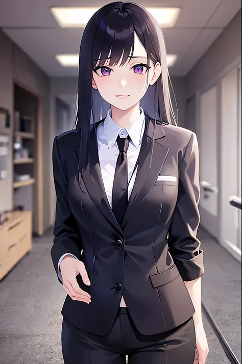 cowboy shot, Realistic, real person, (pale skin: 1.2), (RAW photo:1.5), photorealistic, shiny skin, shiny hair、(A 25-year-old woman with straight hair and bangs) and (medium hair) and (black hair) and (purple eyes) and (half eyes), (business suit), smile, ...