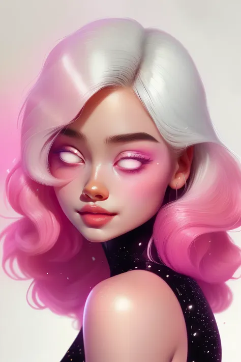 (This is a beautiful fantasy image that feels interesting and emphasizes glitter and iridescence.) Generate a ((blind)) curvy woman with colorful curly hair and milky white eyes. Her face is important and is perfectly formed with puffy lips and perfect fea...