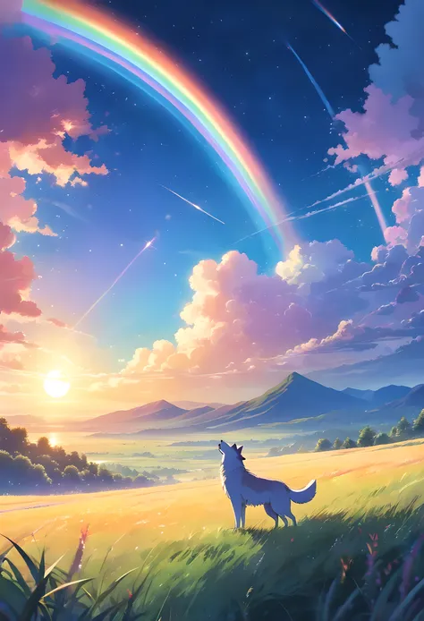 A wide landscape photo, (viewed from below, the sky is above, and the open field is below), a wolf sitting on grass field looking up, (full moon: 1.2), (meteor: 0.9), (nebula: 1.3), distant mountains , Trees BREAK Crafting Art, (Warm Light: 1.2), (Firefly:...