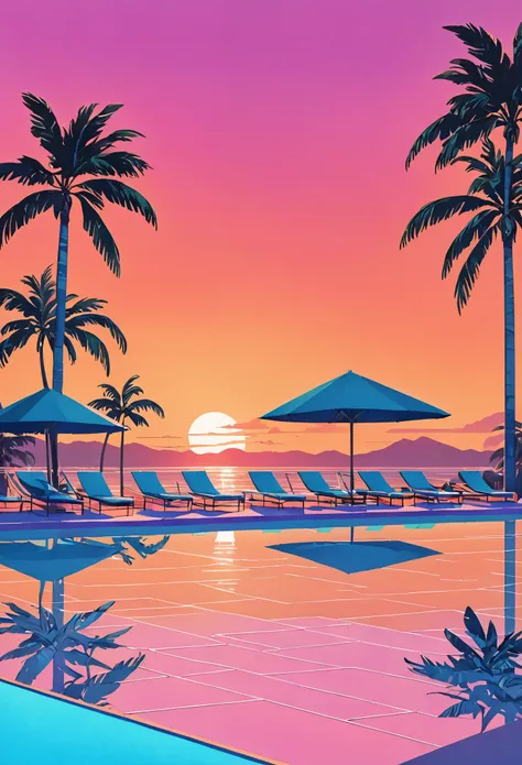 Envision an artwork deeply immersed in the vaporwave aesthetic of the 80s, inspired by Yoko Honda’s vibrant style. Picture a retro-futuristic pool and beach scene at sunset, where the sky blazes with the warm hues of an 80s summer sunset—intense oranges, p...