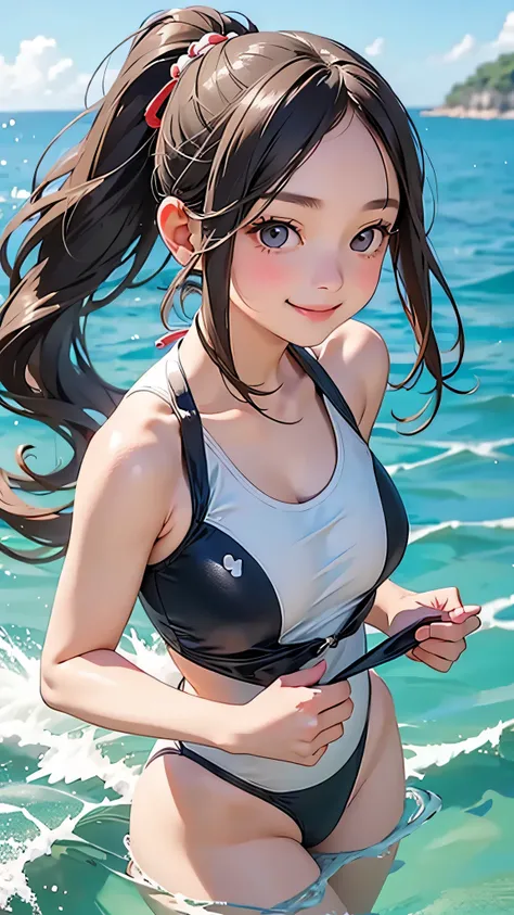 highest quality、Realistic、girl、Japanese、zoom、cute、Gray Eyes、Chestnut Hair、Long Ponytail、One piece swimsuit、Ocean、smile、