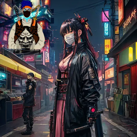 anime character with a mask and a sword in a city, cyberpunk street thug, cyberpunk samurai, samurai urbano, neon samurai, estilo de arte ciberpunk, cyberpunk art style, portrait of a cyberpunk samurai, en estilo ciberpunk, tipo ciberpunk, ropa de calle ci...