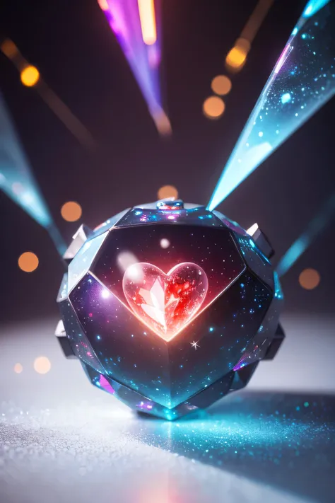 Anthropomorphic Translucent cute alien robot discovering a colossal red crystal heart beneath a festively adorned Christmas tree, surrounded by glowing snowflakes casting vibrant reflections, captured with stunning visual clarity and a broken glass effect,...