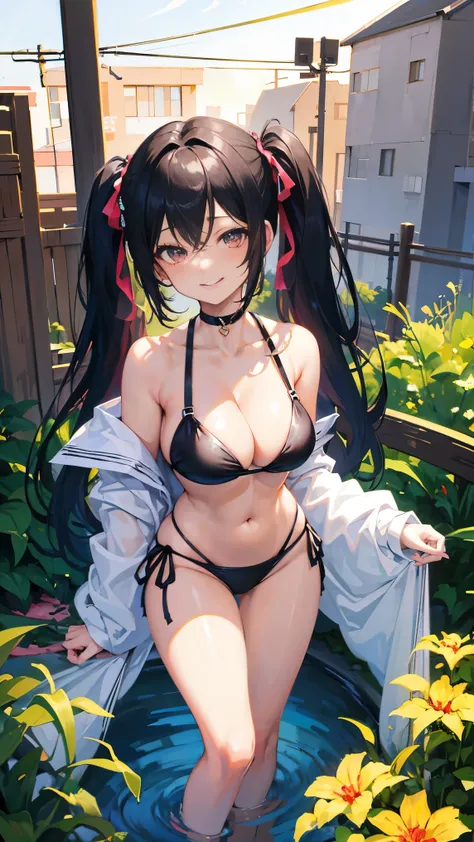 masterpiece,anime style,chibi,sexy girl,black hair,shoulder length hair with two pigtails,bikini,smiling,bigger breasts,waiting on the right side of the image,showing cleavage,full body,standing,alone