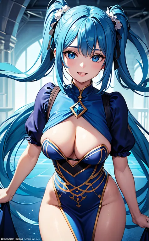 8k,Close-up of a woman in a blue and white dress,Blue Hair, so beautiful,(Like the real thing)blue eyes,Twin tails 、 Detailed fantasy art、Amazing character art、 Fan Art Best Art Station、 Incredibly detailed character art、The best smile、Highly detailed artw...