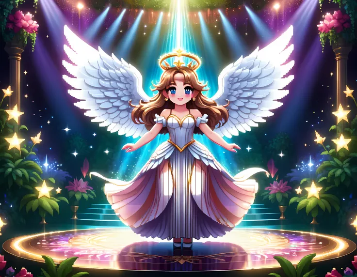 Bright epic professional cute cartoon pixel illustration, (masterpiece in maximum 16K resolution, superb quality, ultra detailed:1.3), (French angelic idol in stunning sleek dress) performing on a luxurious round stage atop the majestic Olymp, lush magic g...