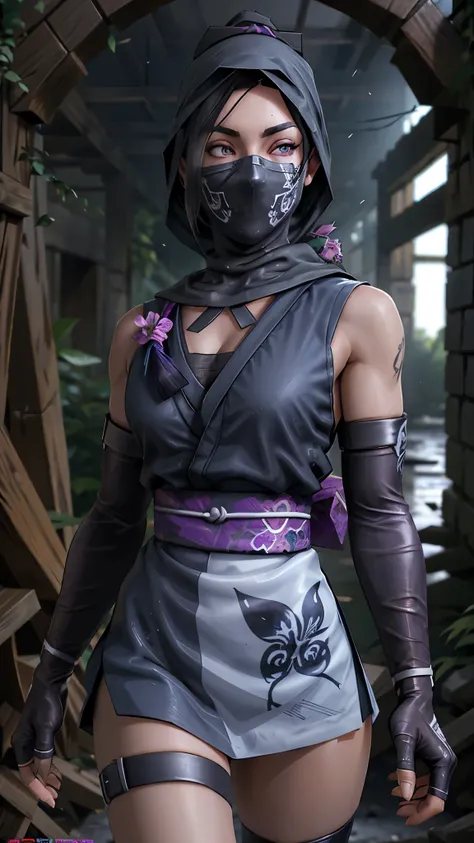 (La mejor calidad,A high resolution,Ultra - detallado,actual),Ariana Grande Mosu Ninja,1 chica,solo,de pie,tiro de vaquero,pelo negro,purple sombra,senos,small senos,hombros descubiertos,mascarilla,mouth mascarilla,boca cubierta,ninja mascarilla,ropa japon...