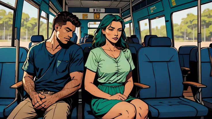 UMA MULHER LOURA DE SAIA AZUL E BLUSA VERDE NO ONIBUS, SHE IS SITTING NEXT TO A MAN WHO IS SLEEPING