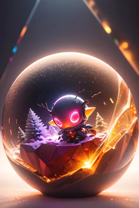 Anthropomorphic Translucent cute alien robot discovering a colossal red crystal heart beneath a festively adorned Christmas tree, surrounded by glowing snowflakes casting vibrant reflections, captured with stunning visual clarity and a broken glass effect,...