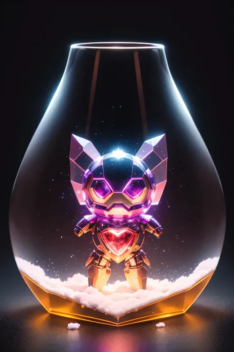 Anthropomorphic Translucent cute alien robot discovering a colossal red crystal heart beneath a festively adorned Christmas tree, surrounded by glowing snowflakes casting vibrant reflections, captured with stunning visual clarity and a broken glass effect,...