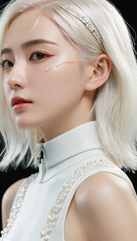 best quality,Perfect masterpiece,Perfect work of art,Official Works,8k,, (Upper body portrait:1.3),((View from the side:1.5)),Close-up lens,Delicate face,, 17 years old,White hair女孩,(White hair:1.5),Short and medium-length hair,((White transparent eyes:1.5...