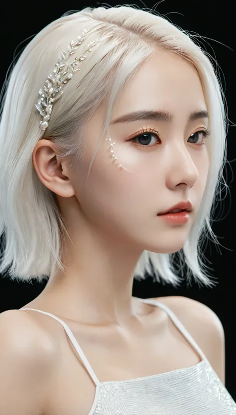 best quality,Perfect masterpiece,Perfect work of art,Official Works,8k,, (Upper body portrait:1.3),((View from the side:1.5)),Close-up lens,Delicate face,, 17 years old,White hair女孩,(White hair:1.5),Short and medium-length hair,((White transparent eyes:1.5...