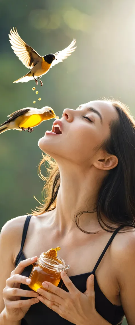 Woman who has birds coming out of her chest and honey from her mouth