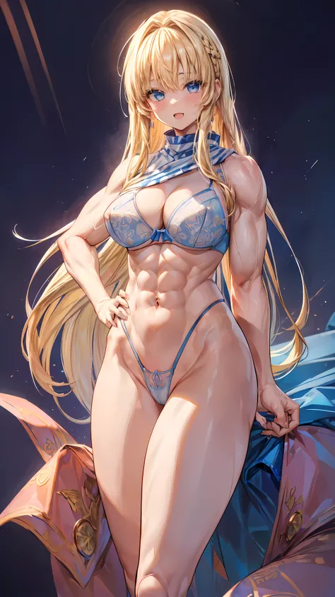 Very detailed、highest quality、Best image quality、masterpiece、8k、Anime Face、A kind smile、(Open your mouth:1.3)、Sparkling blue eyes、(Blonde semi-long hair:1.5)、(Muscles of the whole body:1.3)、(highleg:2.0)、Thigh belt、(Cowboy Shot:1.5)、(SFW Giant)、(Thick body...