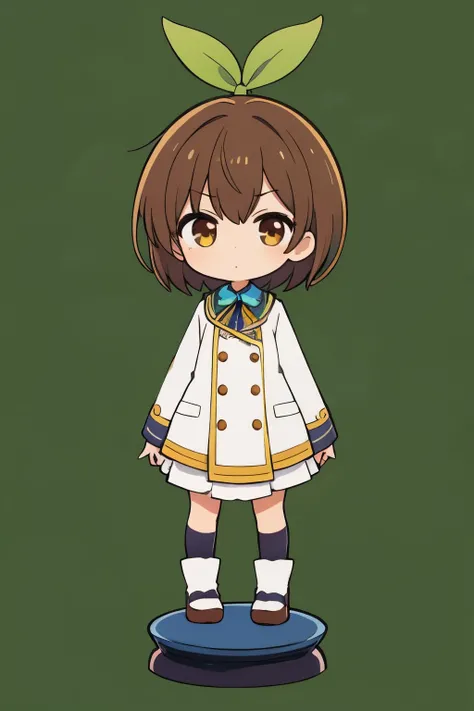 kawaii,chibi,1girl,anime,simple background,stand up,uniform ,front view,brown eyes,brown hair,short hair,cartoon, long sleeve,green background,Arms crossed pose,Bust Shot, --niji 5
