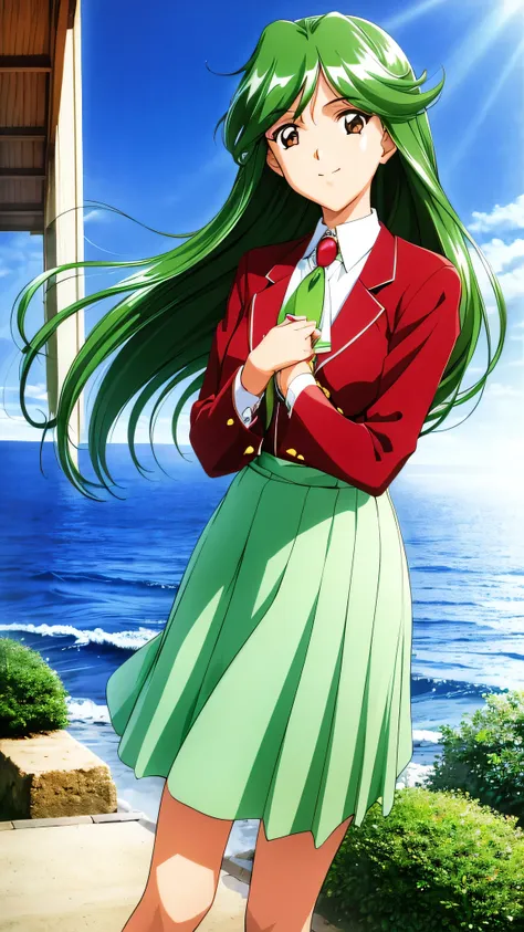 （masterpiece：1.3)、aso kasumi tm2, one girl, alone, long hair, green hair, bag, retro artスタイル, smile, brown eyes, long sleeve, ha...