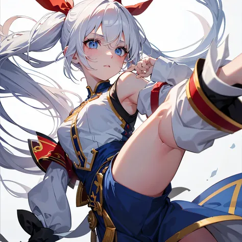 One with white hair and blue eyes with her hair tied with a red ribbon and a scratch on her cheek and giving a high kick 