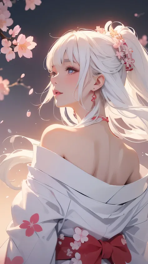 ((styled white hair:1.5))(japan kimono with cherry blossom pattern:1.3), symmetric, (highest quality, realistic:1.4, raw photos:...