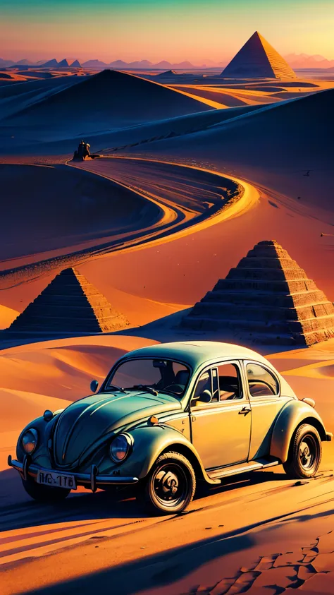 hiper-realista, textura realista, dramatic lighting, (melhor qualidade:1.1), Picture a scene where the ancient meets the modern in a captivating blend of history and adventure. The iconic pyramids of Egypt rise majestically from the golden sands, their anc...