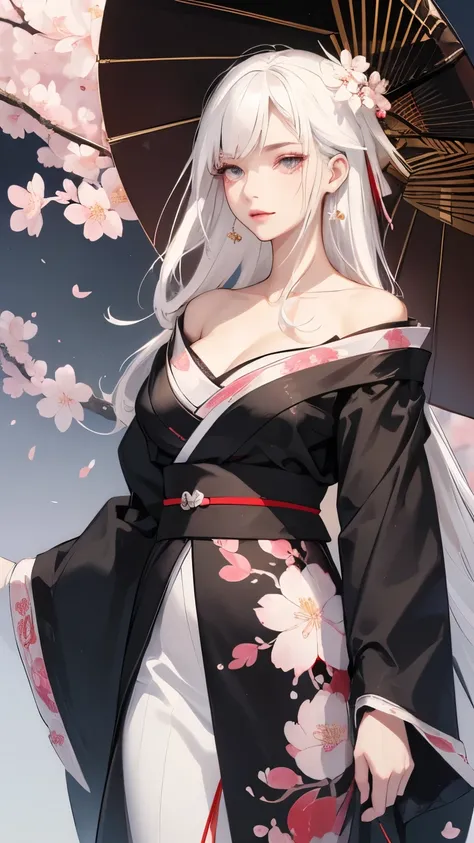 ((Styled white hair:1.5))(Japan kimono with cherry blossom pattern:1.3), Symmetric, (highest quality, Realistic:1.4, RAW Photos:1.2, Cinematic Light, Highly detailed illustration), (1woman:1.3, alone), (Asian Girl, Very delicate face, Super beautiful face,...