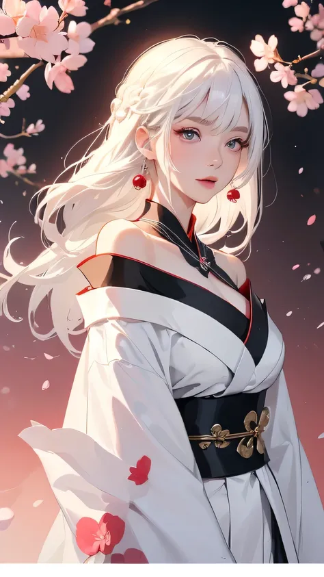 ((Styled white hair:1.5))(Japan kimono with cherry blossom pattern:1.3), Symmetric, (highest quality, Realistic:1.4, RAW Photos:1.2, Cinematic Light, Highly detailed illustration), (1woman:1.3, alone), (Asian Girl, Very delicate face, Super beautiful face,...