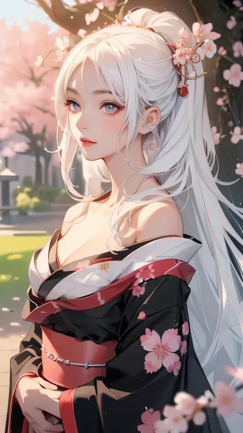 ((styled white hair:1.5))(japan kimono with cherry blossom pattern:1.3), symmetric, (highest quality, realistic:1.4, raw photos:...