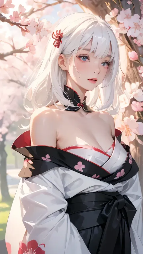 ((Styled white hair:1.5))(Japan kimono with cherry blossom pattern:1.3), Symmetric, (highest quality, Realistic:1.4, RAW Photos:1.2, Cinematic Light, Highly detailed illustration), (1woman:1.3, alone), (Asian Girl, Very delicate face, Super beautiful face,...