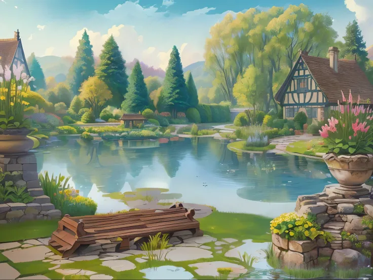 There is a painting，There is a garden in the painting，There is a pond and a house inside, Fairy tale style background, background technologywork, royal Garden Background, Garden Background, background technology, Detailed lake in the background, beautiful ...